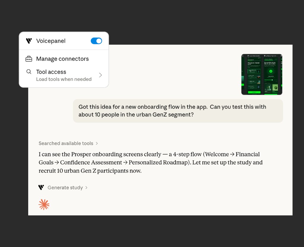 AI chat with Voicepanel MCP enabled: user asks to test onboarding screens with urban Gen Z participants; the agent uses Voicepanel to generate a study